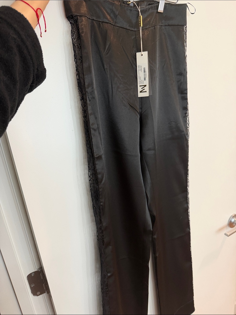 Black Satin Lace Trim Pants